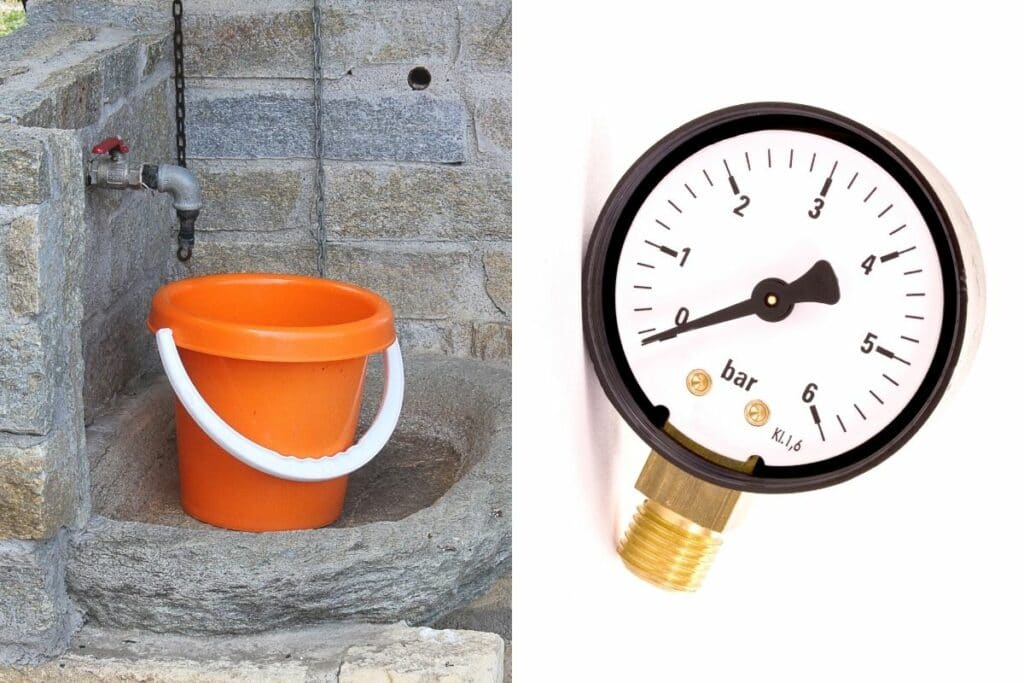 Eimer unter Wasserhahn im Garten und Manometer